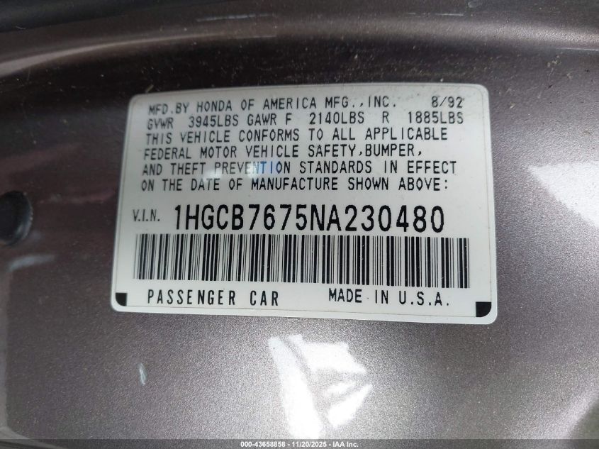 1992 Honda Accord Ex VIN: 1HGCB7675NA230480 Lot: 43658858