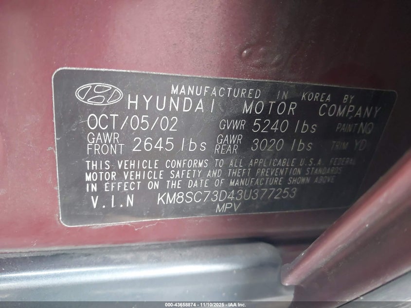 2003 Hyundai Santa Fe Gls/Lx VIN: KM8SC73D434377253 Lot: 43658874