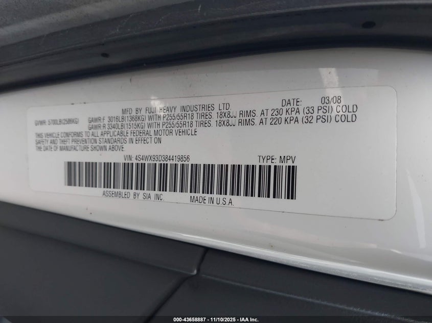 2008 Subaru Tribeca Limited 5-Passenger VIN: 4S4WX93D384419856 Lot: 43658887