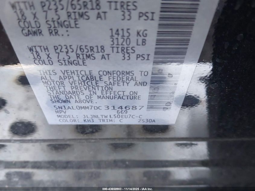 2013 Infiniti Jx35 VIN: 5N1AL0MM7DC314687 Lot: 43658903