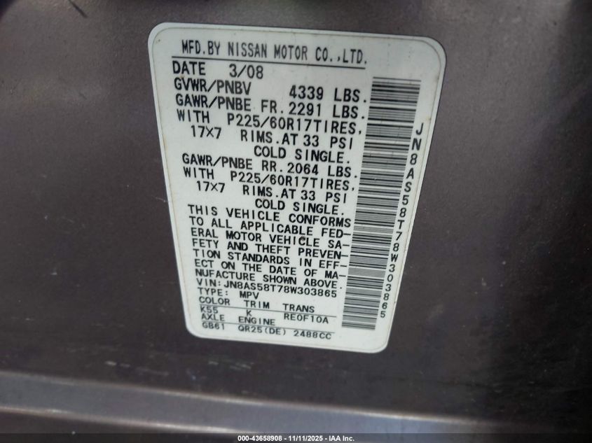 2008 Nissan Rogue Sl VIN: JN8AS58T78W303865 Lot: 43658908