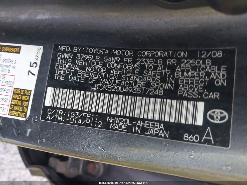 JTDKB20U493517248 2009 TOYOTA PRIUS photo no. 9
