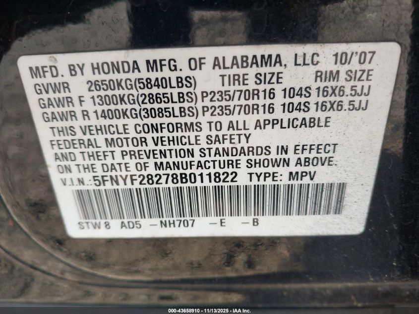 2008 Honda Pilot Vp VIN: 5FNYF28278B011822 Lot: 43658910
