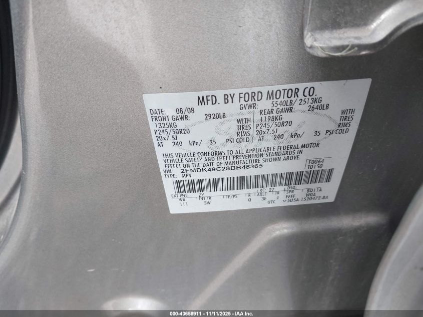 2008 Ford Edge Limited VIN: 2FMDK49C28BB48365 Lot: 43658911