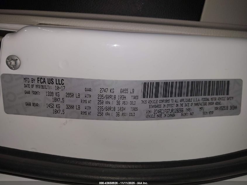 2018 Chrysler Pacifica Touring Plus VIN: 2C4RC1FG7JR128266 Lot: 43658926