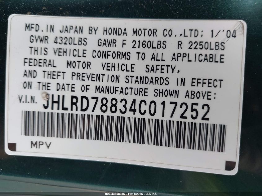 2004 Honda Cr-V Ex VIN: JHLRD78834C017252 Lot: 43658935