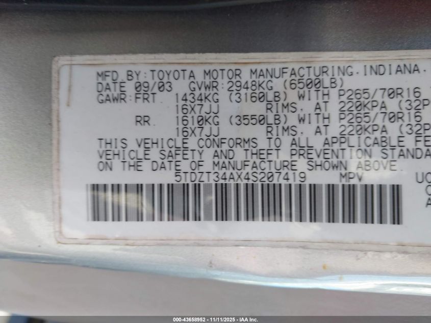 2004 Toyota Sequoia Sr5 V8 VIN: 5TDZT34AX4S207419 Lot: 43658952