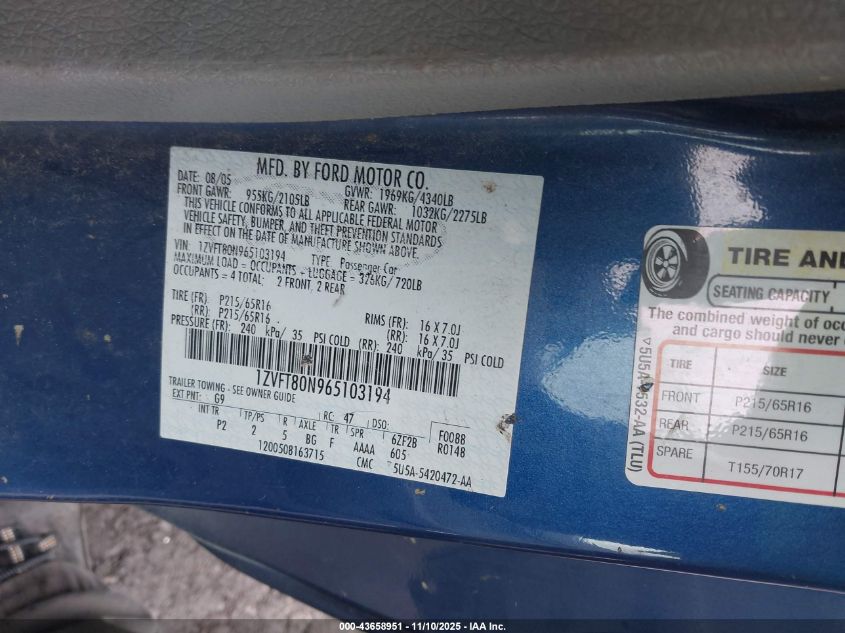 2006 Ford Mustang V6 VIN: 1ZVFT80N965103194 Lot: 43658951