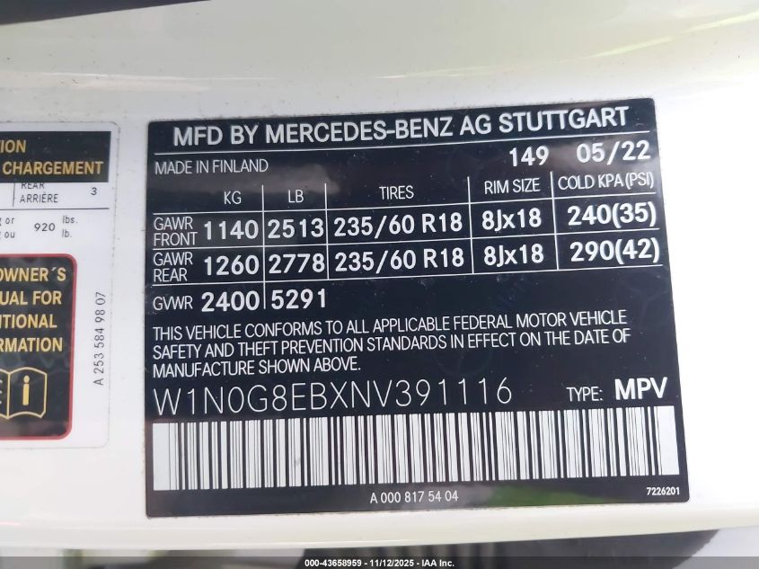 2022 Mercedes-Benz Glc 300 4Matic Suv VIN: W1N0G8EBXNV391116 Lot: 43658959