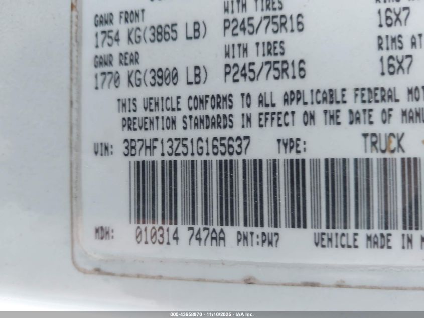 2001 Dodge Ram 1500 St VIN: 3B7HF13Z51G165637 Lot: 43658970