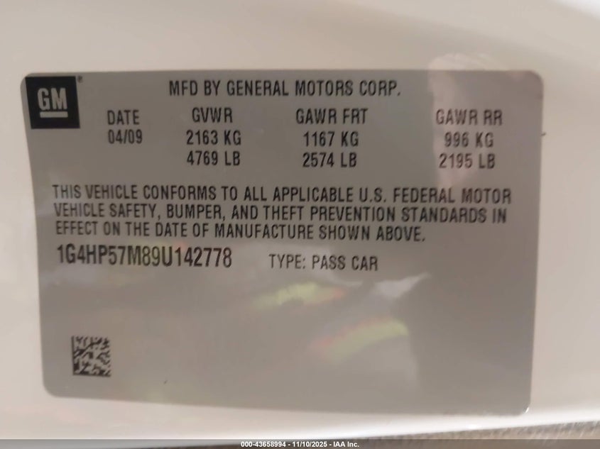 2009 Buick Lucerne Cx VIN: 1G4HP57M89U142778 Lot: 43658994