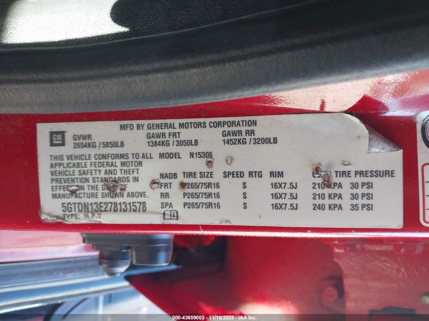 2007 Hummer H3 Suv VIN: 5GTDN13E278131578 Lot: 43659003