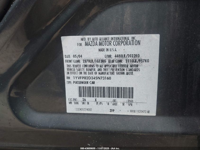 2004 Mazda Mazda6 S VIN: 1YVFP82D345N73160 Lot: 43659009