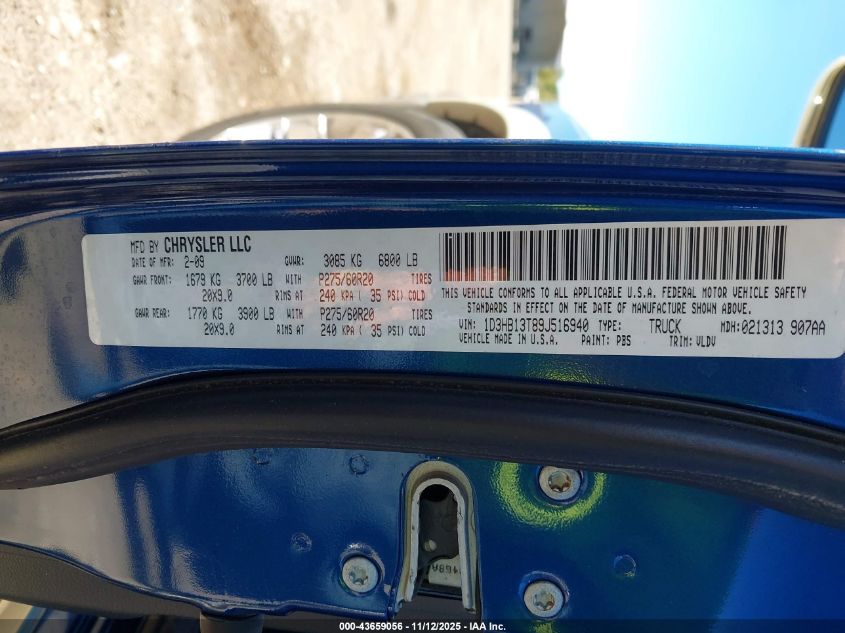2009 Dodge Ram 1500 Laramie VIN: 1D3HB13T89J516940 Lot: 43659056