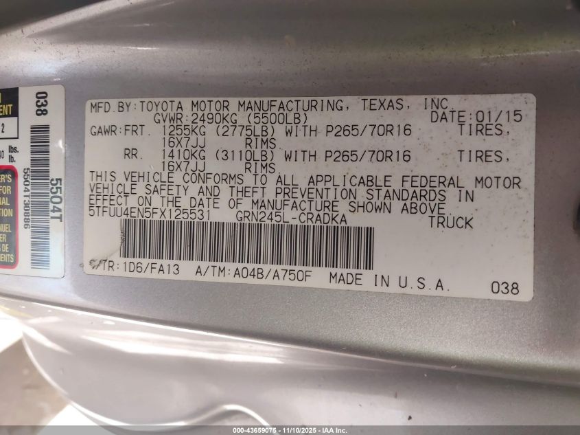 2015 Toyota Tacoma Access Cab/Trd Pro VIN: 5TFUU4EN5FX125531 Lot: 43659075