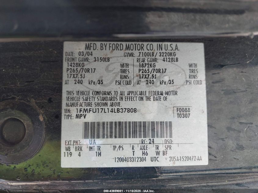 2004 Ford Expedition Eddie Bauer VIN: 1FMFU17L14LB37808 Lot: 43659081