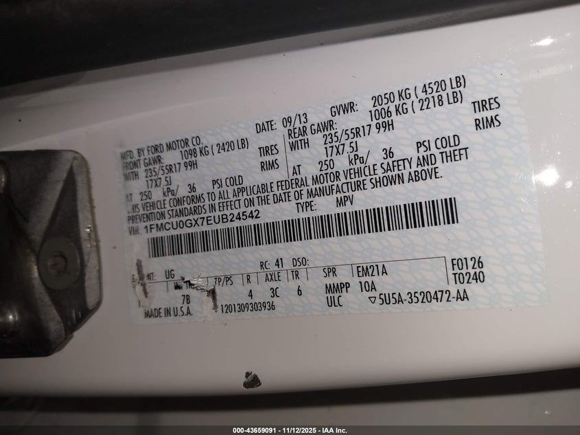 2014 Ford Escape Se VIN: 1FMCU0GX7EUB24542 Lot: 43659091