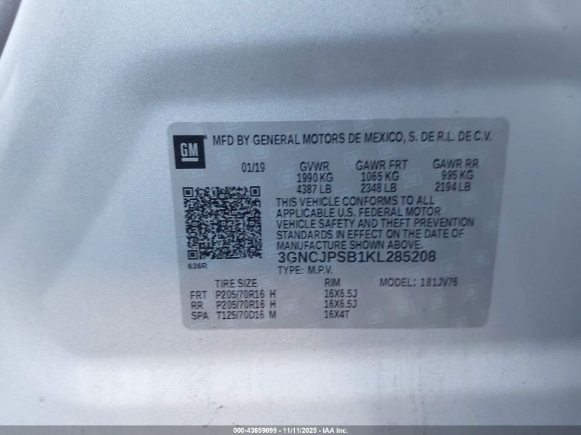 2019 Chevrolet Trax Lt VIN: 3GNCJPSB1KL285208 Lot: 43659099