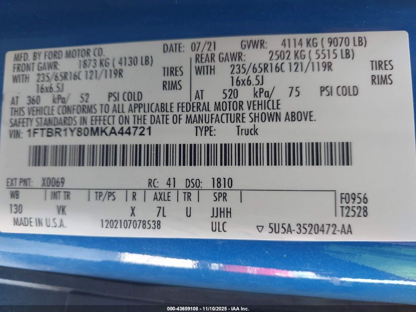 2021 Ford Transit-250 VIN: 1FTBR1Y80MKA44721 Lot: 43659108