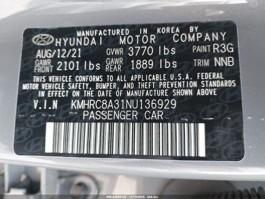 2022 Hyundai Venue Sel VIN: KMHRC8A31NU136929 Lot: 43659120