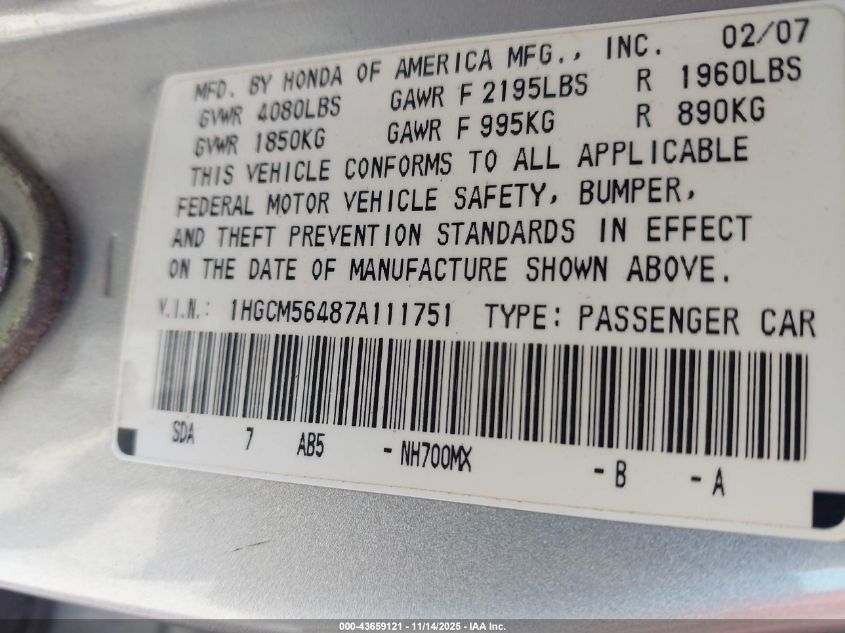 2007 Honda Accord 2.4 Lx VIN: 1HGCM56487A111751 Lot: 43659121