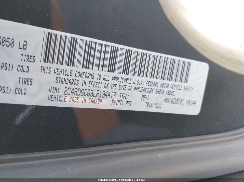 2020 Dodge Grand Caravan Sxt VIN: 2C4RDGCG3LR194417 Lot: 43659124