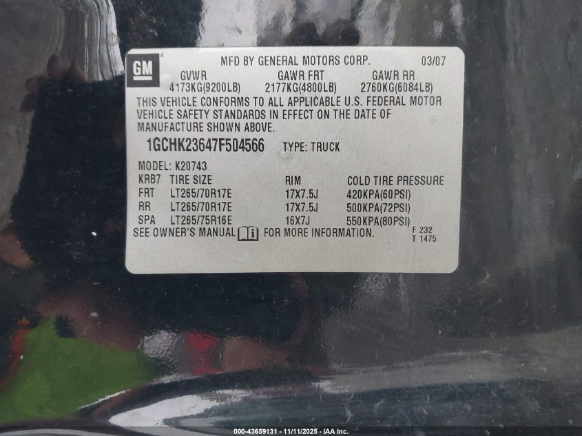 2007 Chevrolet Silverado 2500Hd Ltz VIN: 1GCHK23647F504566 Lot: 43659131