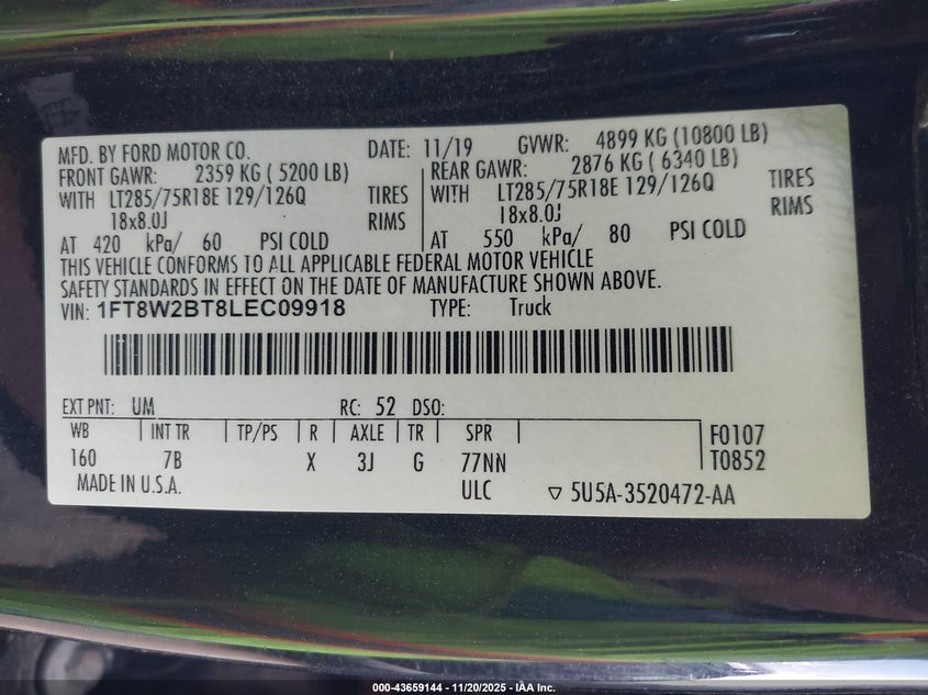 2020 Ford F-250 Platinum VIN: 1FT8W2BT8LEC09918 Lot: 43659144