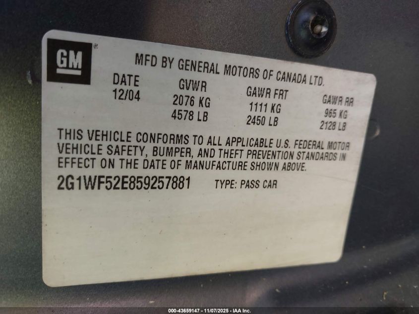 2005 Chevrolet Impala VIN: 2G1WF52E859257881 Lot: 43659147