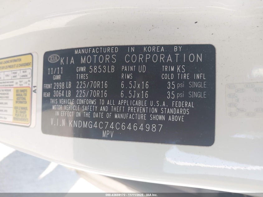 2012 Kia Sedona Lx VIN: KNDMG4C74C6464987 Lot: 43659170