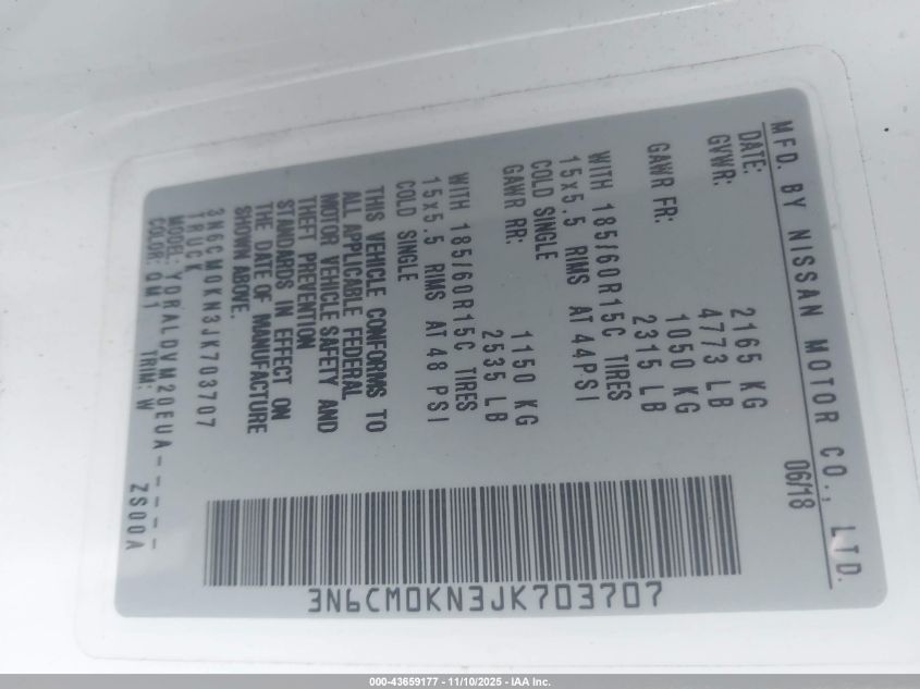 2018 Nissan Nv200 S VIN: 3N6CM0KN3JK703707 Lot: 43659177