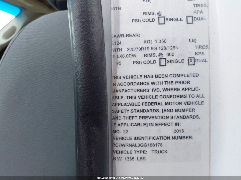 2016 Ram 5500 Chassis Tradesman/Slt VIN: 3C7WRNAL3GG168178 Lot: 43659200