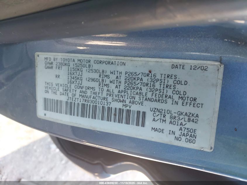 2003 Toyota 4Runner Limited V8 VIN: JTEZT17R830010137 Lot: 43659230