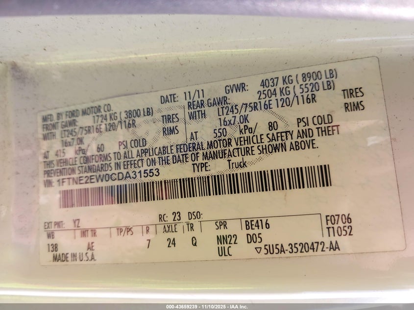 2012 Ford E-250 Commercial VIN: 1FTNE2EW0CDA31553 Lot: 43659239