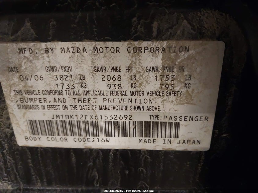 2006 Mazda Mazda3 I VIN: JM1BK12FX61532692 Lot: 43659245