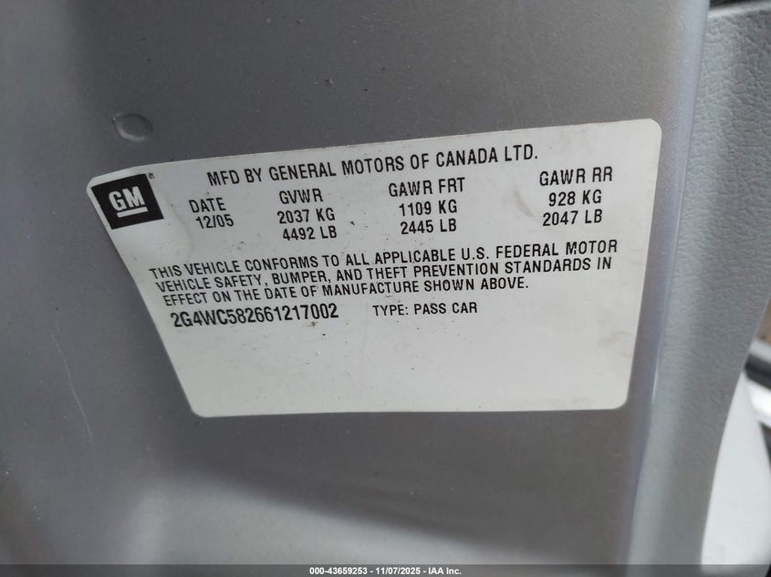 2006 Buick Lacrosse Cx VIN: 2G4WC582661217002 Lot: 43659253