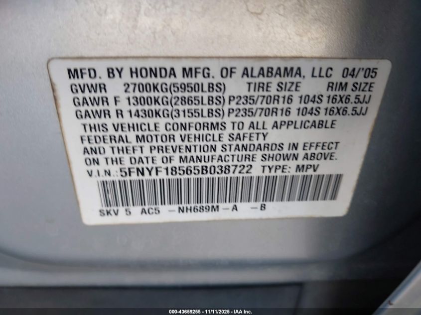 2005 Honda Pilot Ex-L VIN: 5FNYF18565B038722 Lot: 43659255