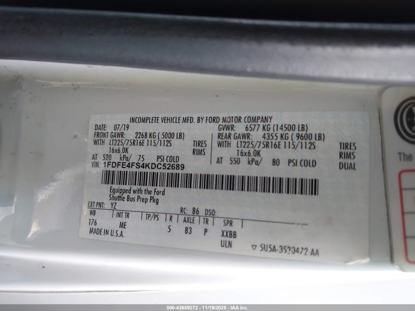 2019 Ford E-450 Cutaway VIN: 1FDFE4FS4KDC52689 Lot: 43659272