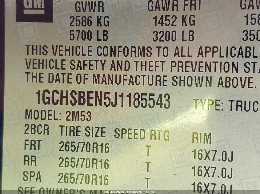 2018 Chevrolet Colorado Wt VIN: 1GCHSBEN5J1185543 Lot: 43659286