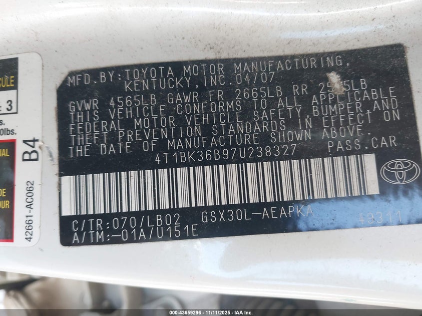 2007 Toyota Avalon Limited VIN: 4T1BK36B97U238327 Lot: 43659296