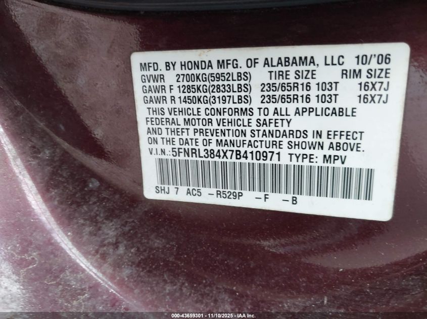 2007 Honda Odyssey Ex VIN: 5FNRL384X7B410971 Lot: 43659301