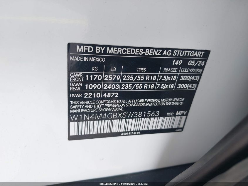 2025 Mercedes-Benz Glb 250 VIN: W1N4M4GBXSW381563 Lot: 43659310