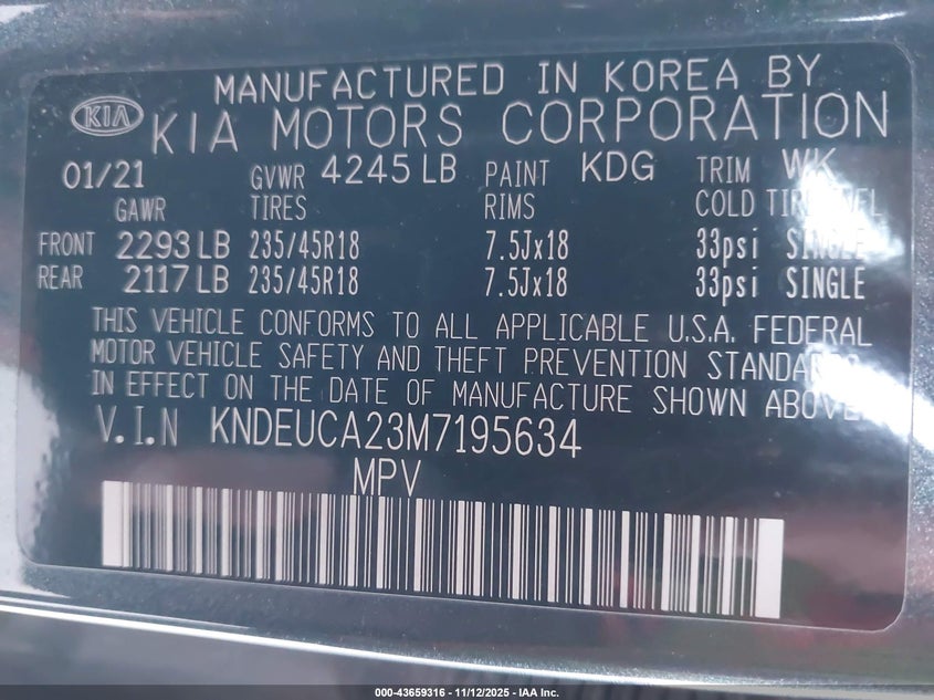 2021 Kia Seltos S Turbo VIN: KNDEUCA23M7195634 Lot: 43659316