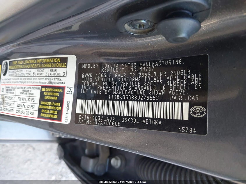 2008 Toyota Avalon Xls VIN: 4T1BK36B88U276553 Lot: 43659343