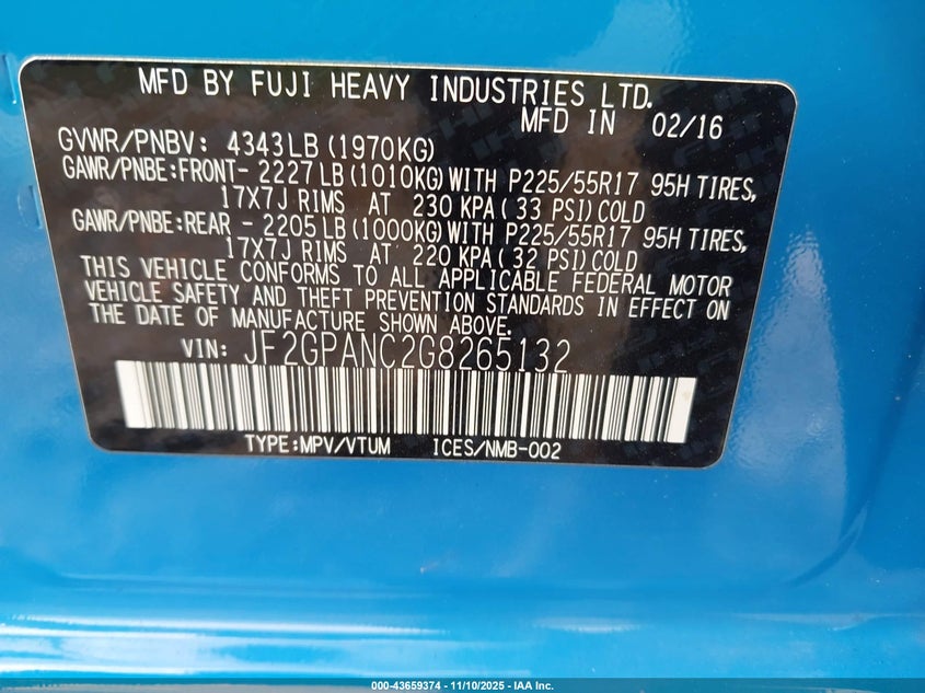 JF2GPANC2G8265132 2016 SUBARU XV photo no. 9