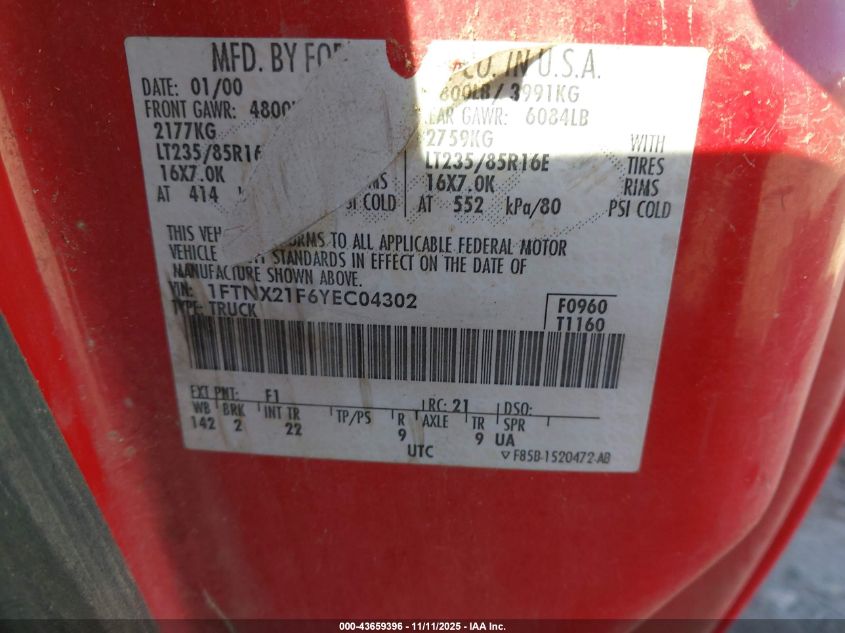 2000 Ford F-250 Lariat/Xl/Xlt VIN: 1FTNX21F6YEC04302 Lot: 43659396