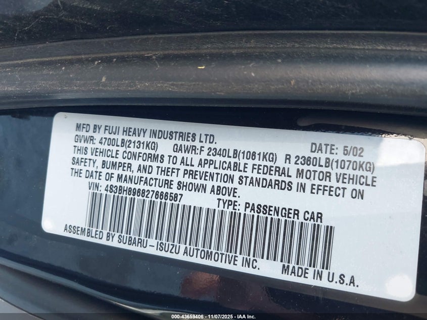 2002 Subaru Outback H6-3.0 Vdc VIN: 4S3BH896827666587 Lot: 43659406