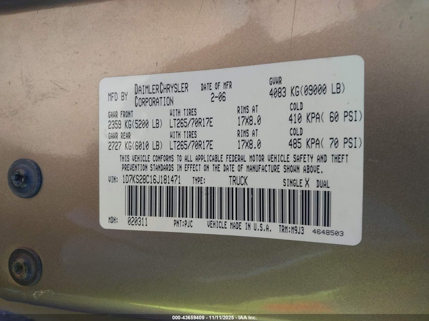 2006 Dodge Ram 2500 Slt/Trx4 Off Road/Sport/Power Wagon VIN: 1D7KS28C16J181471 Lot: 43659409
