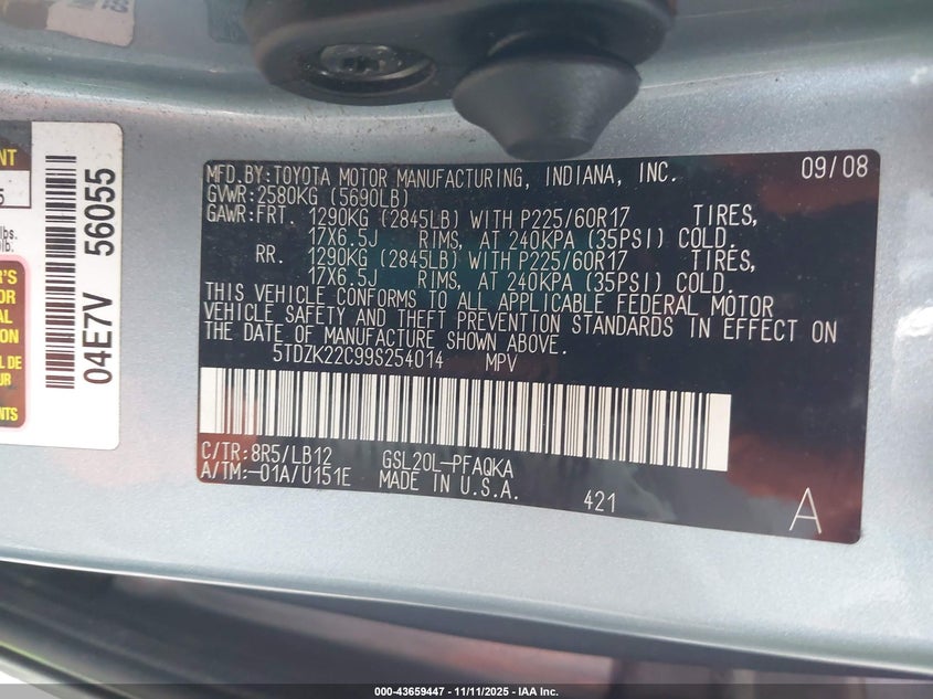 5TDZK22C99S254014 2009 TOYOTA SIENNA photo no. 9