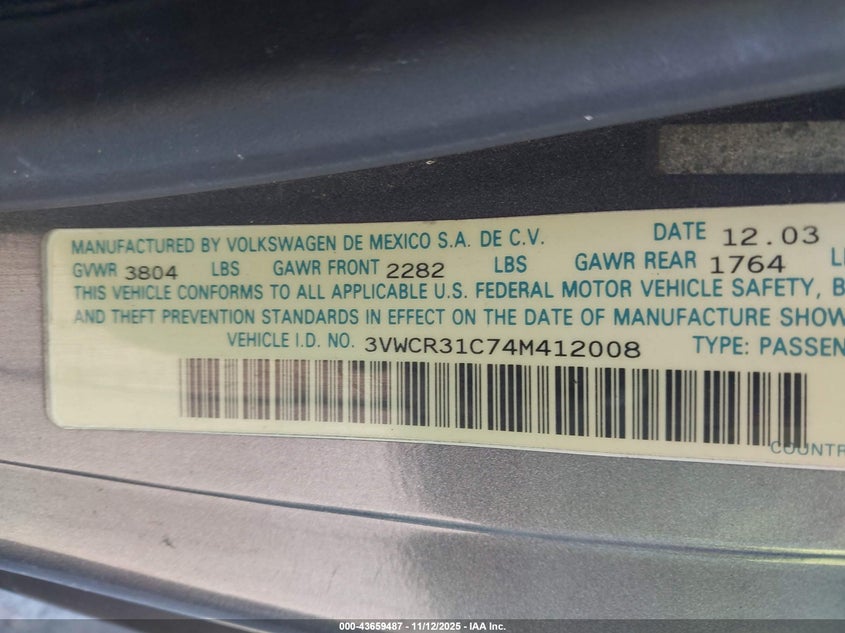 2004 Volkswagen New Beetle Gls Tdi VIN: 3VWCR31C74M412008 Lot: 43659487